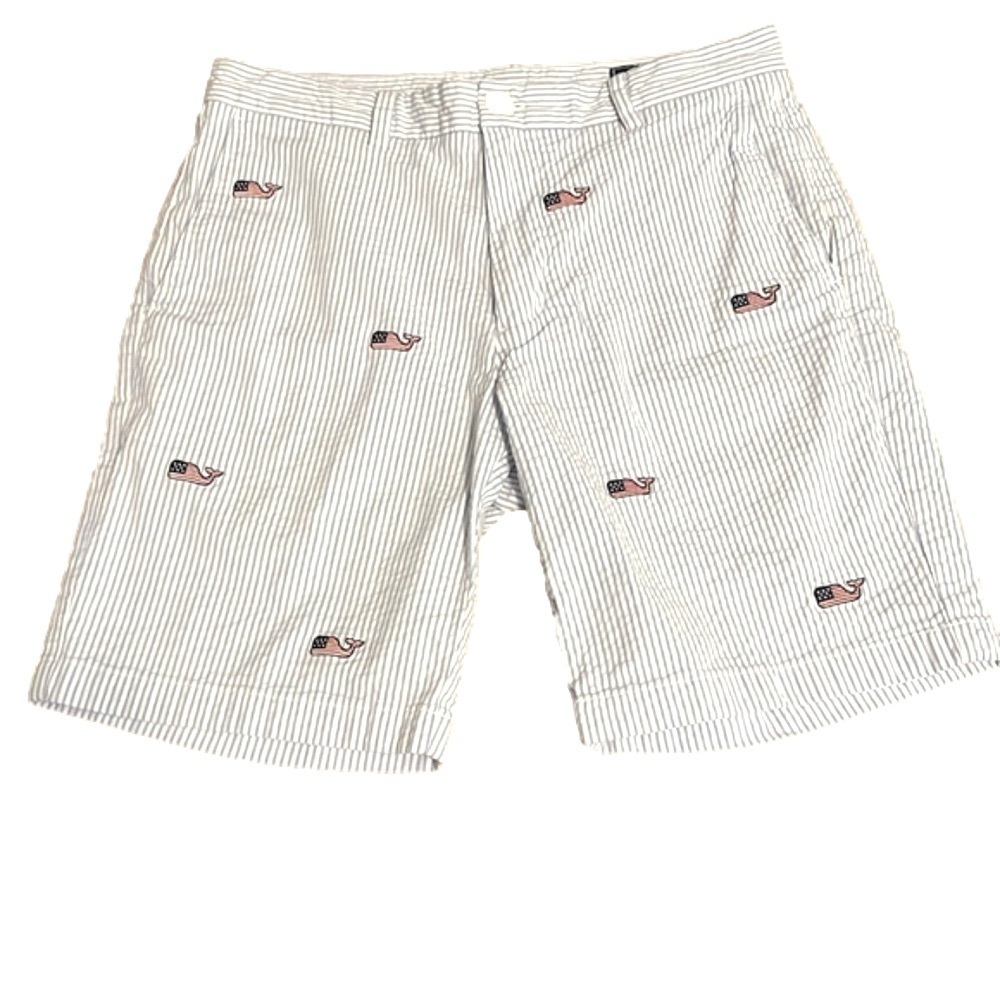 Vineyard Vines seersucker Breaker Shorts, size 32, Flag whales patches